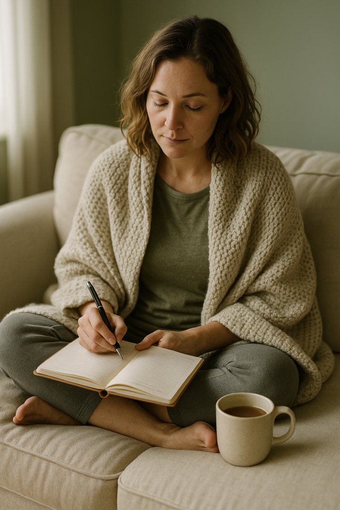Reading a personal wellness journal at home with a warm cup of tea