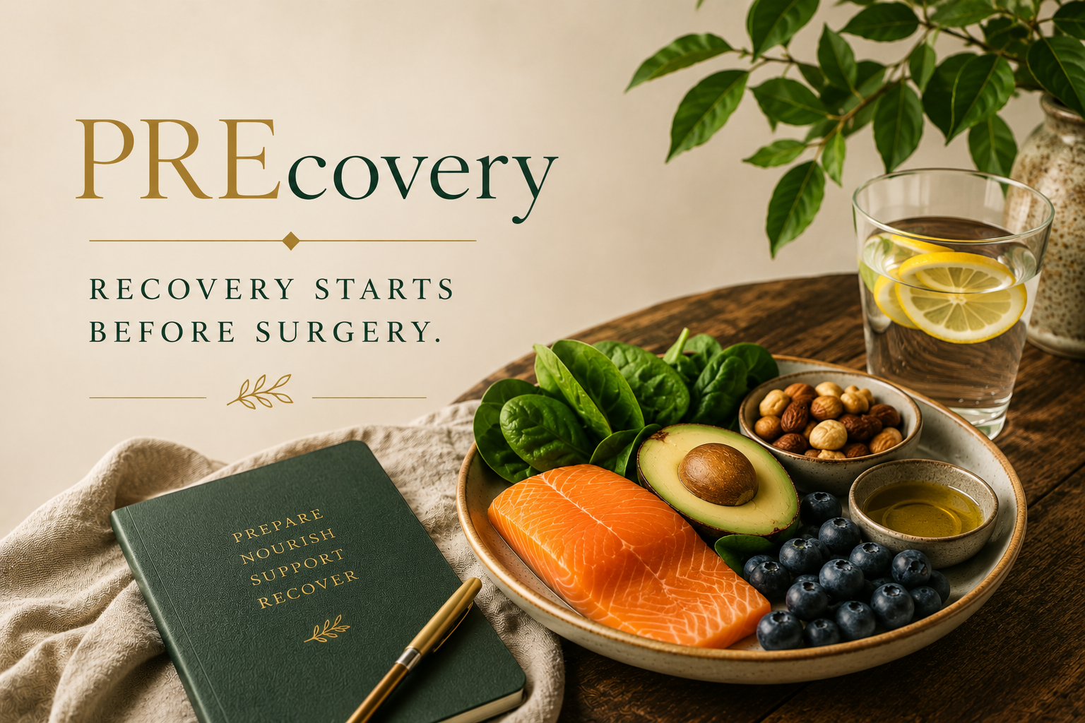 A graphic reading 'PREcovery, recovery starts before surgery' beside a plate of salmon, avocado, spinach, nuts and blueberries