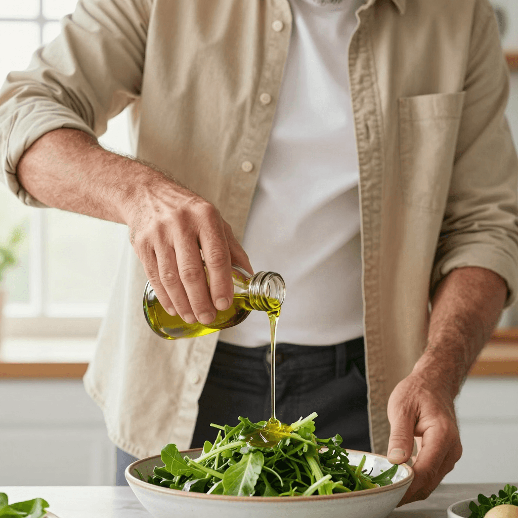 Close up of hands preparing food, focusing on the texture of olive oil being drizzled over leafy greens in a ceramic bow