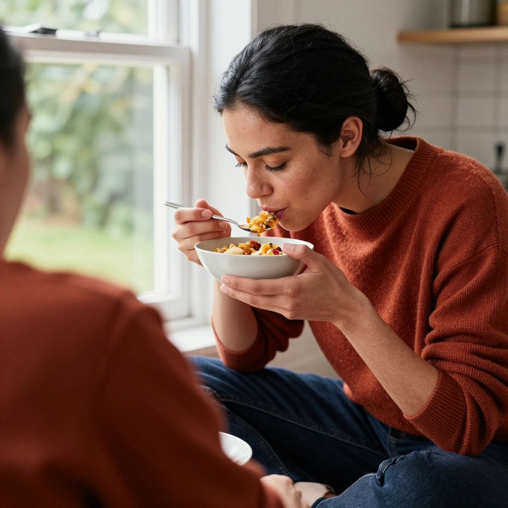 An over-the-shoulder view of a person's hands, mid-taste, testing the texture of a small bowl of food, natural daylight