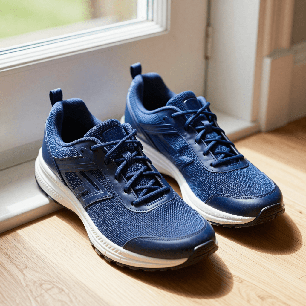 A pair of walking shoes placed neatly by a door, with natural light spilling in, suggesting the pacing of physical activ