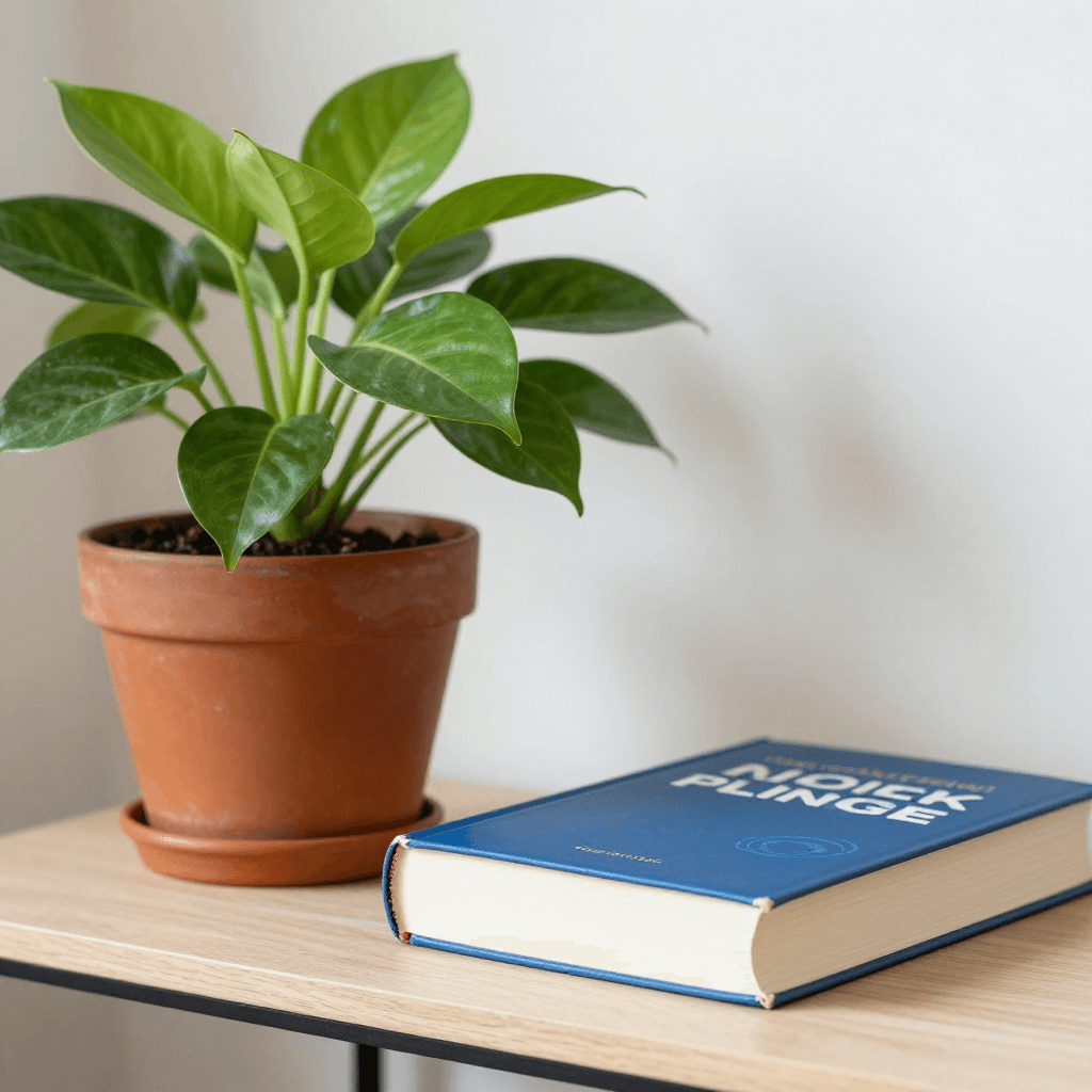 A calm, well-lit living room corner with a potted plant and a book resting on a side table, evoking a sense of general h