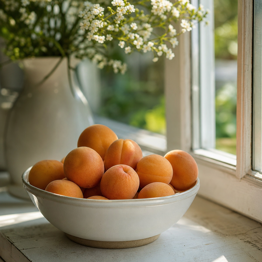 A bowl of whole, fresh apricots sitting on a sunlit windowsill in a bright kitchen. The focus is on the natural colour a