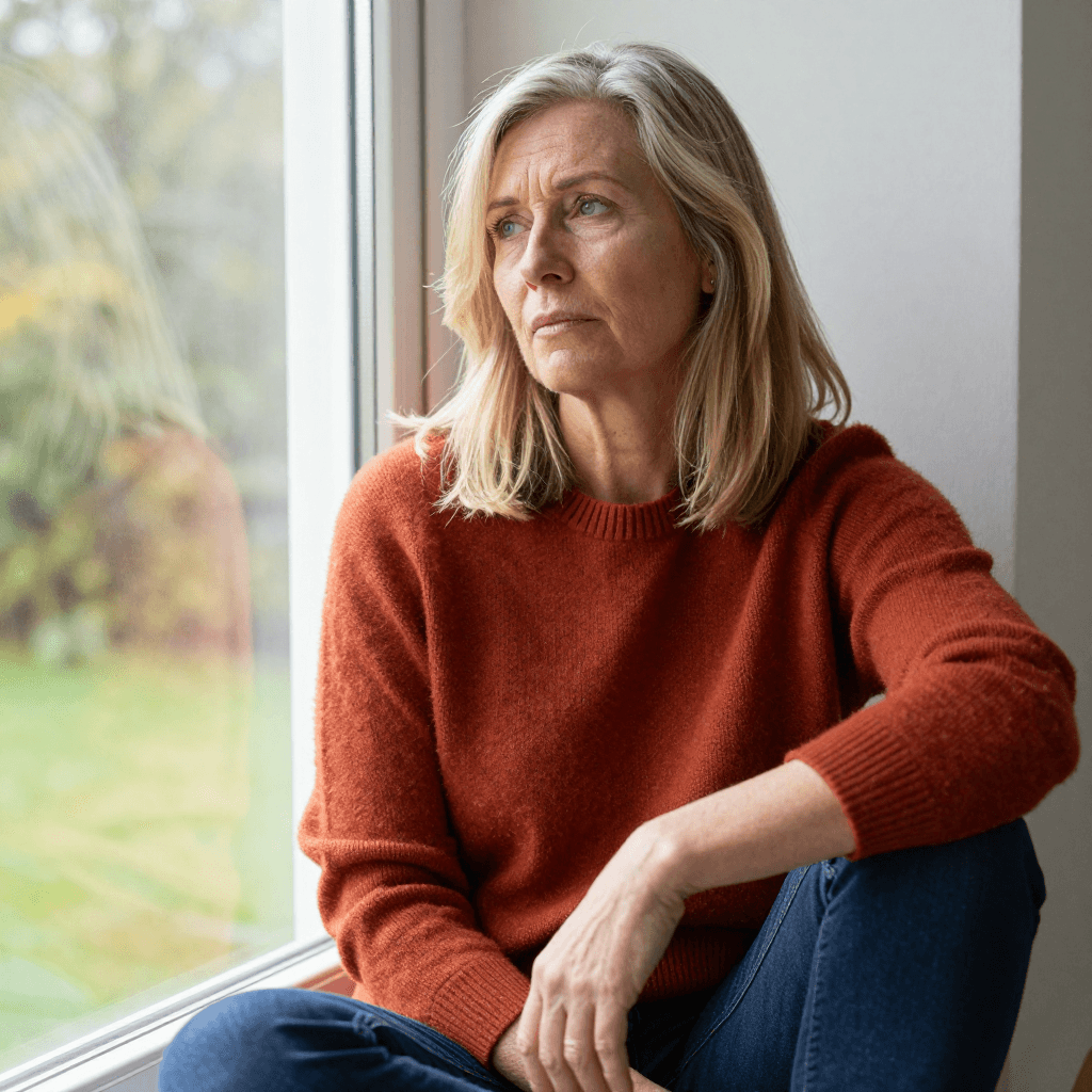 A person sitting by a window in soft morning light, looking out with a contemplative expression, capturing the quiet rea