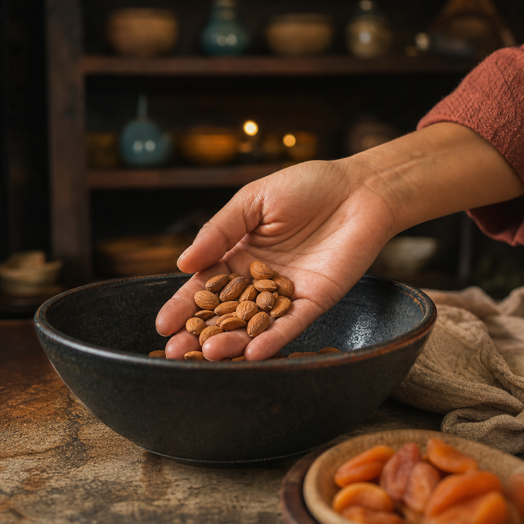 A hand gently holding a small pile of dried apricot kernels over a dark ceramic bowl. The lighting is warm and evening-t