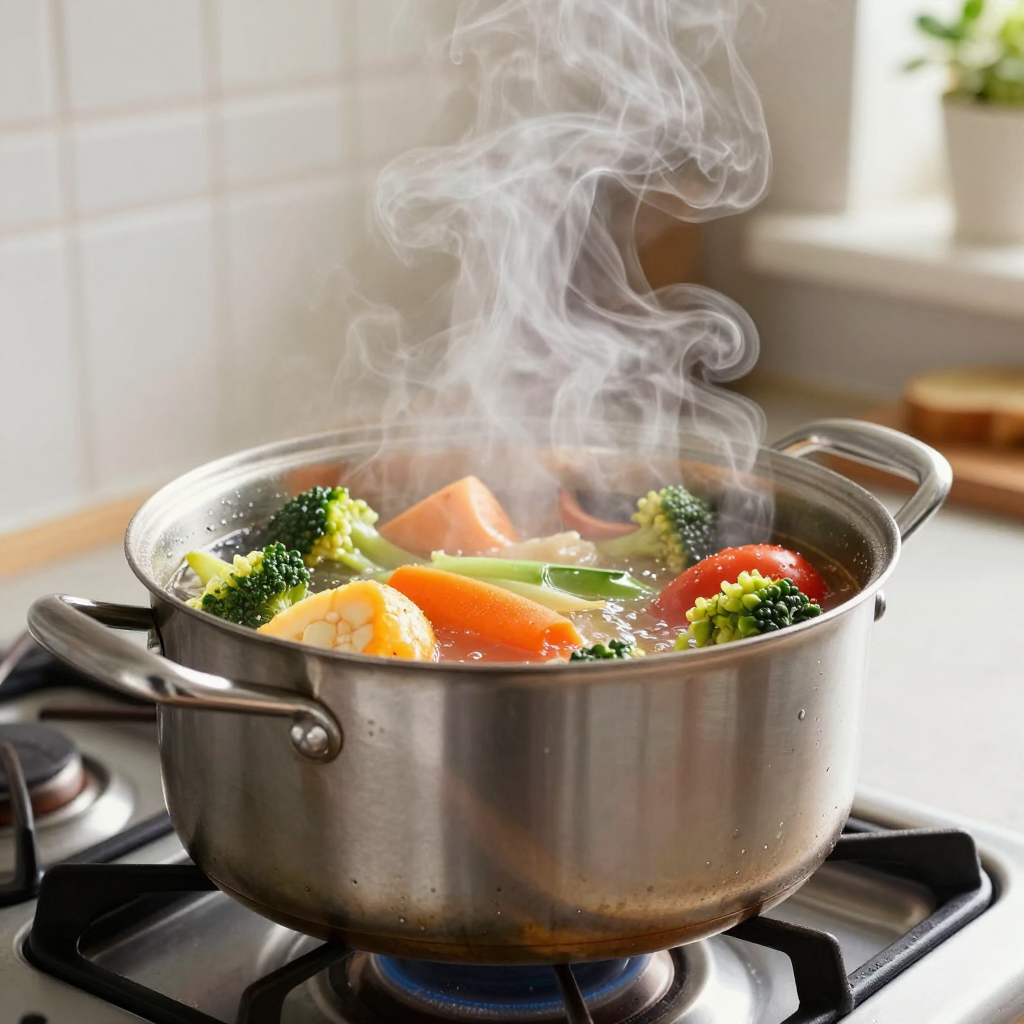 A steaming pot of vegetables simmering on a stove in a bright, airy UK kitchen, with steam rising and light catching the