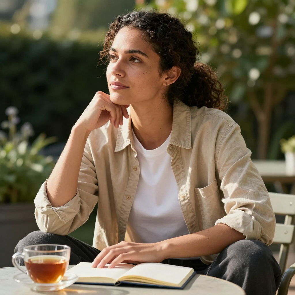 A person sitting comfortably at a table with a notebook and a cup of tea, looking relaxed and thoughtful, bathed in late