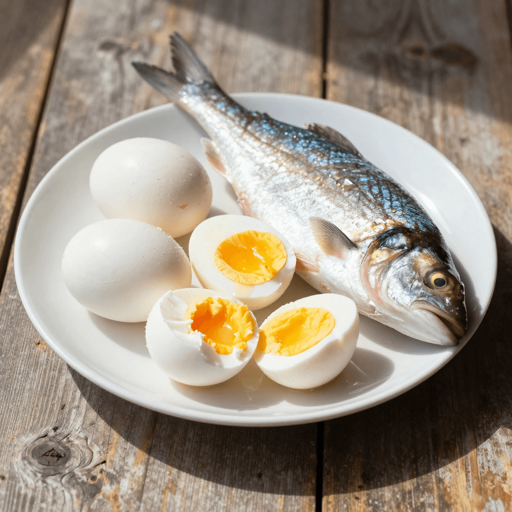 A simple plate of protein-rich foods like eggs and fish on a rustic table, with natural shadows, focusing on the nourish