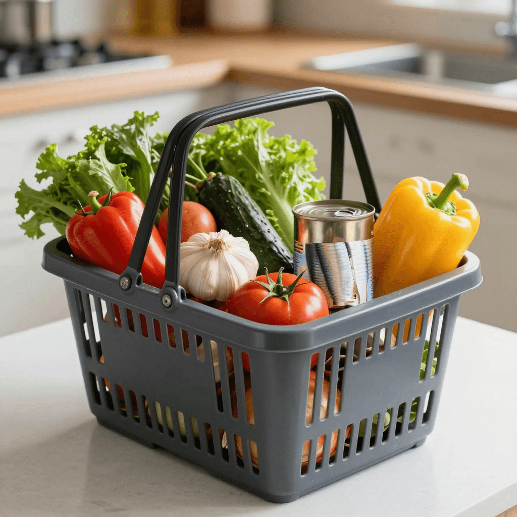 A grocery shopping basket filled with whole foods like fresh vegetables and canned fish, sitting on a kitchen counter, s