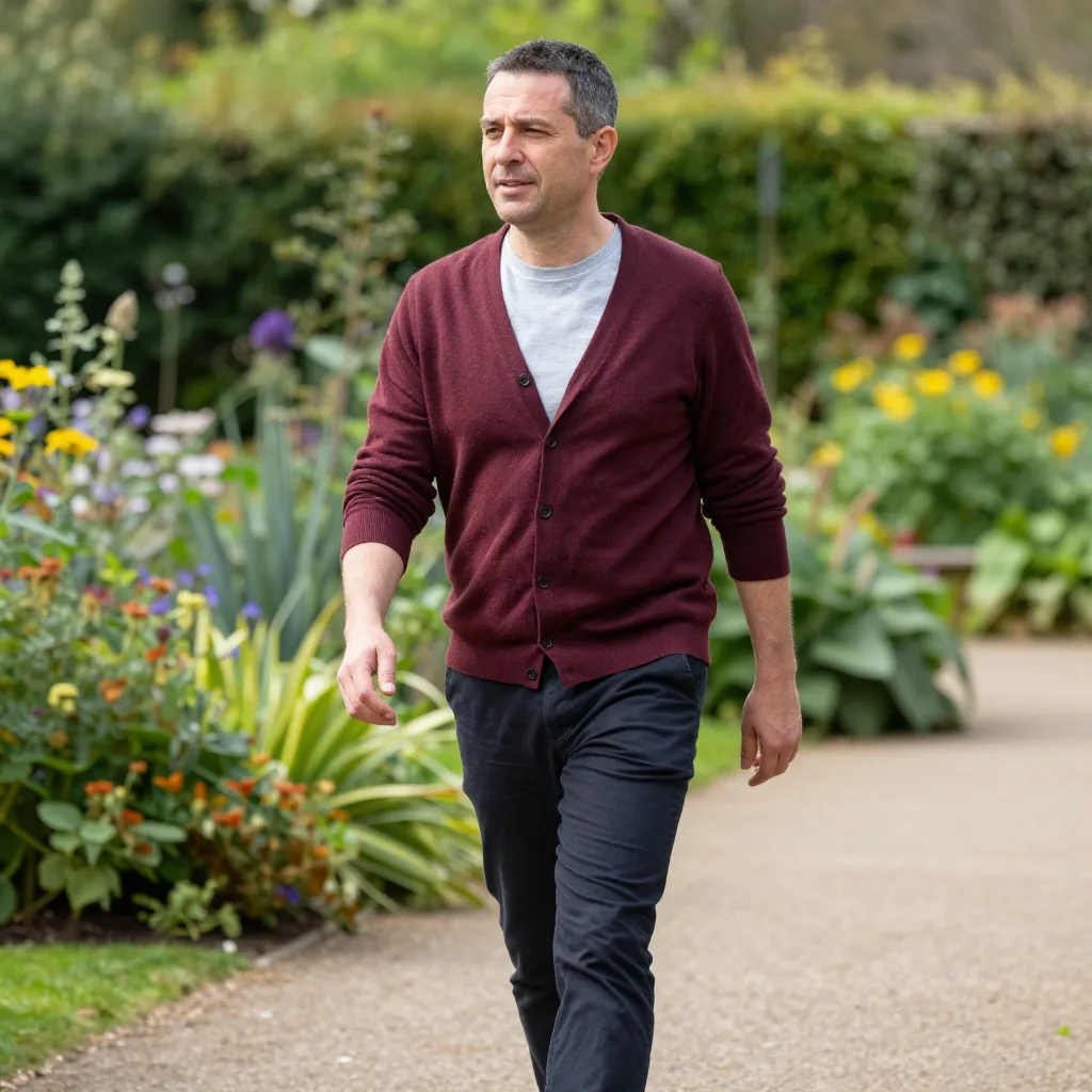 A person in garden attire taking a gentle stroll along a paved path in a UK garden or park, captured mid-stride, natural