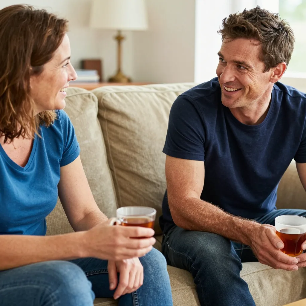 A warm, candid shot of two people sitting on a sofa in a living room, engaged in conversation with a cup of tea, emphasi