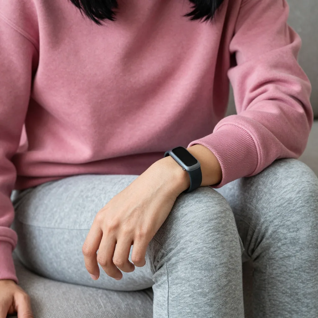 A wrist wearing a simple fitness tracker, resting on a knee while the person sits on a sofa, viewed from above, capturin