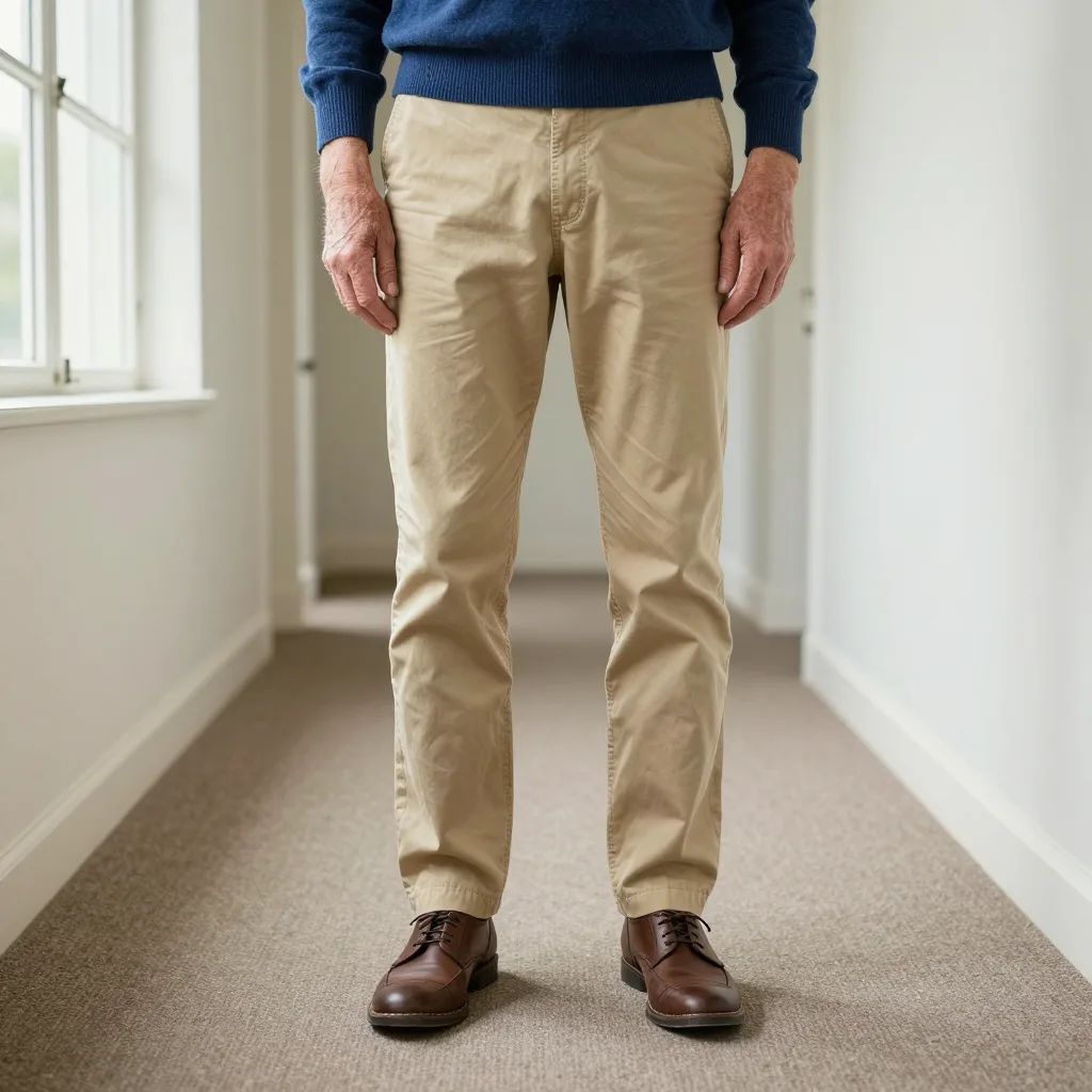 A low-angle shot of a person’s legs standing on a carpeted floor in a hallway, with soft natural light coming from a win