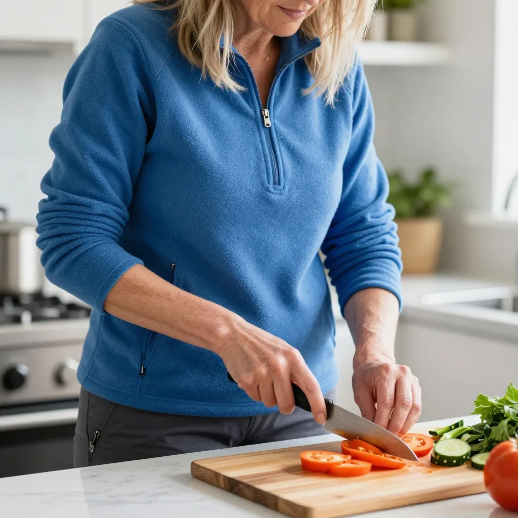 A person preparing a simple, modest meal at a kitchen counter, chopping vegetables, natural light, focusing on the act o