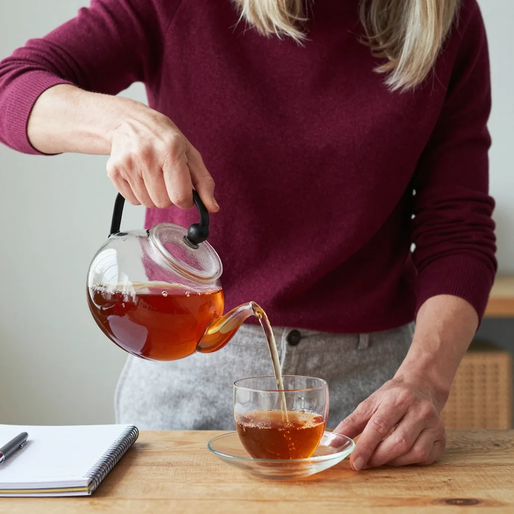 A close-up of hands pouring tea from a kettle onto a wooden table, with a notebook and pen nearby, capturing a small pau