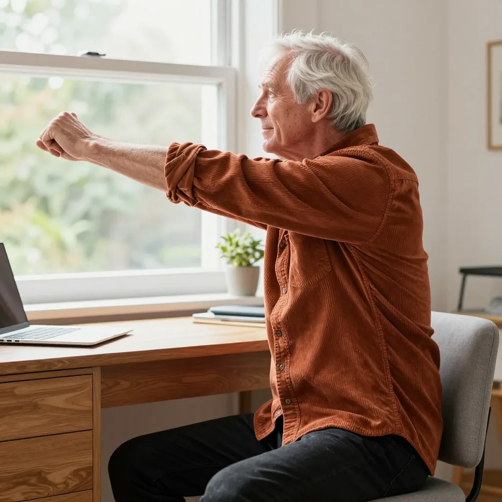 A person sitting at a wooden desk in a home office, pausing to look out a window or stretch slightly. The light is soft