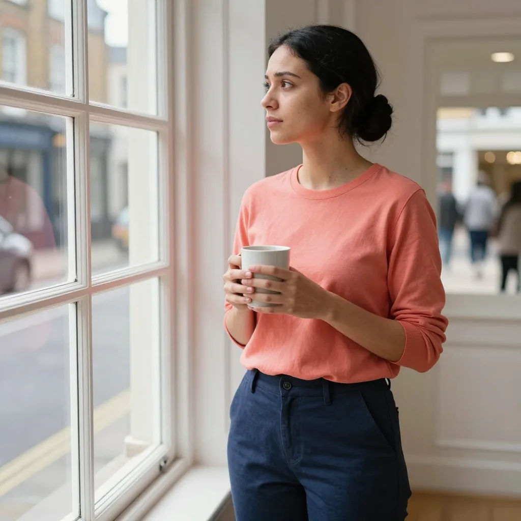 A person standing by a window looking out at a UK street scene, holding a mug, appearing contemplative rather than clini