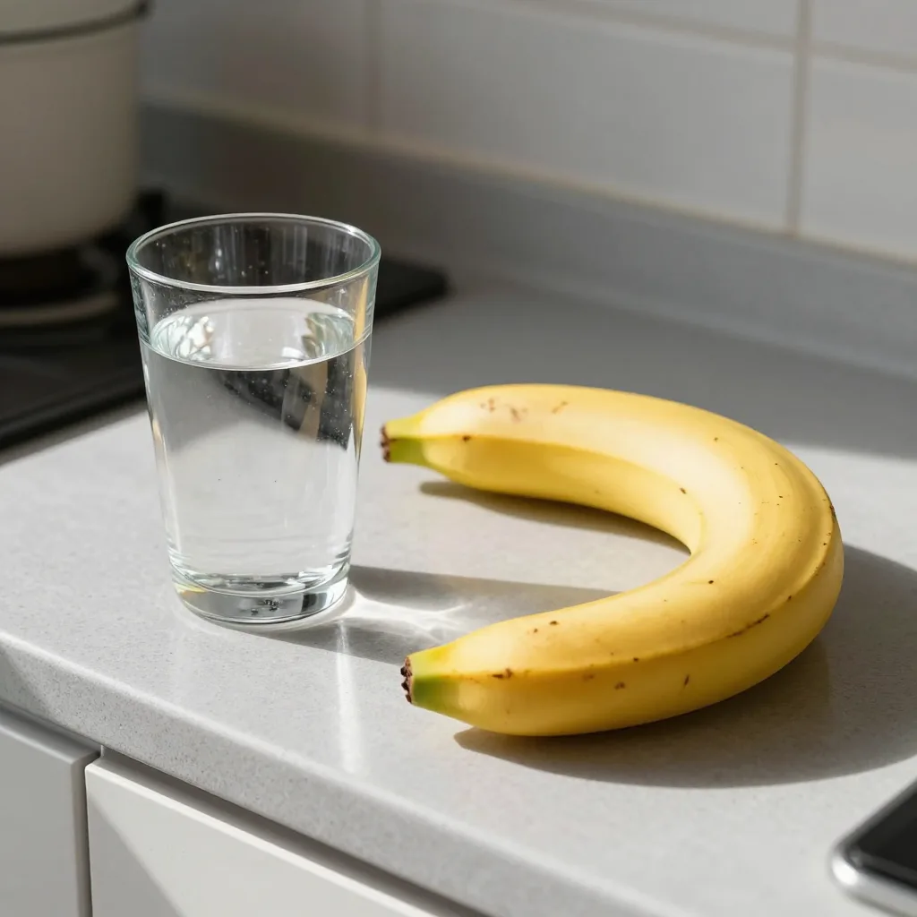 A quiet kitchen counter with a glass of water and a banana, bathed in morning sunlight, representing the connection betw