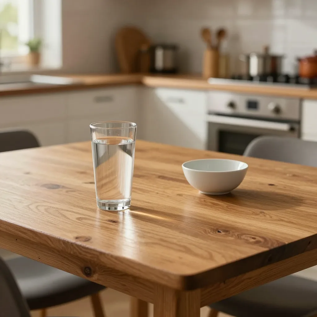A wide shot of a modern kitchen table with a glass of water and a small bowl. The focus is on the domestic, mundane sett