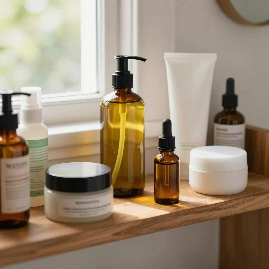 A cluttered but tidy wooden shelf in a home bathroom, featuring various simple skincare items and a small bottle of cast