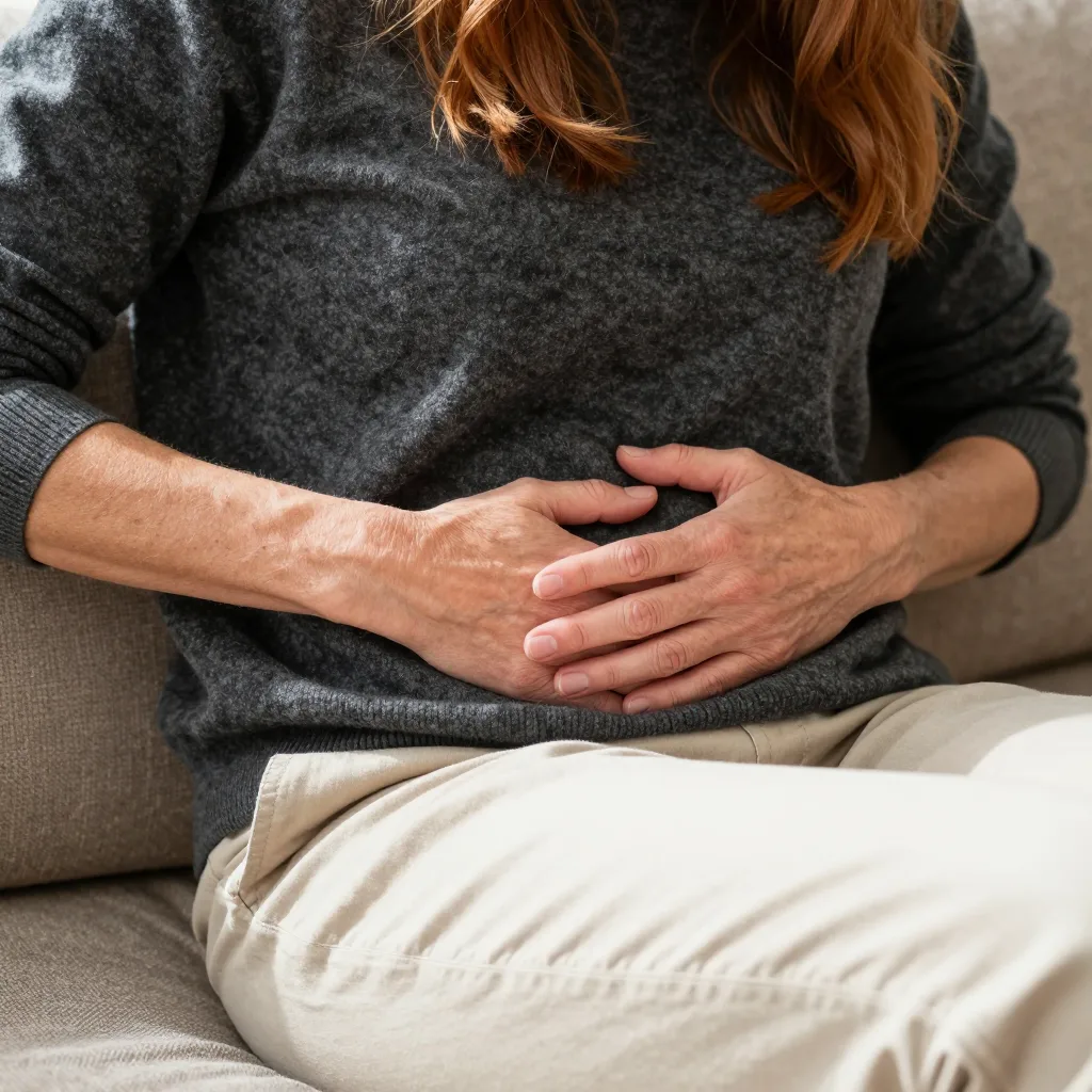 A close-up, unposed detail of a hand gently resting on a stomach, wearing comfortable casual clothing, sitting on a sofa