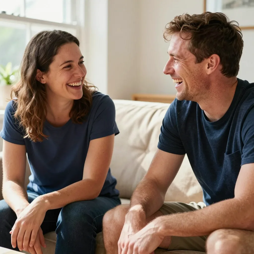A candid shot of two people having a conversation in a bright, airy living room. They are relaxed, perhaps laughing, rep