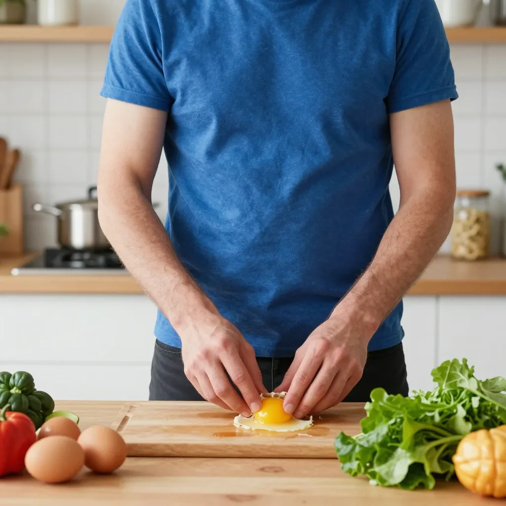 A well-lit kitchen scene in the morning. A person is preparing a simple meal with visible ingredients like eggs and leaf