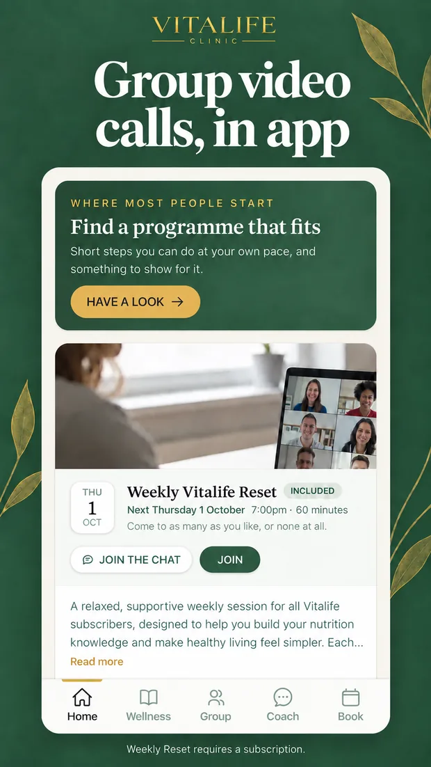 A weekly group video session in the Vitalife app