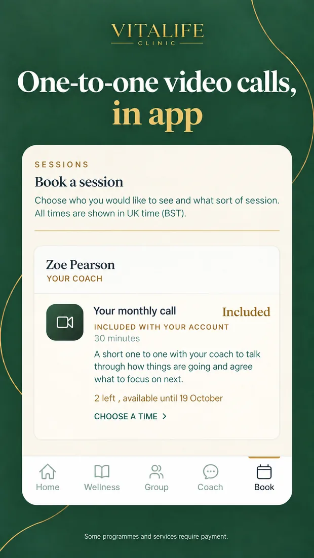 Booking a one-to-one video call with your coach in the Vitalife app