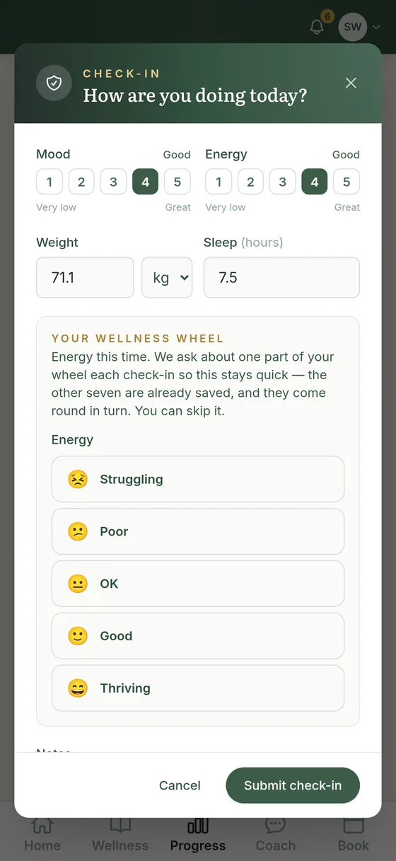 The Vitalife check-in sheet with mood, energy, weight and sleep