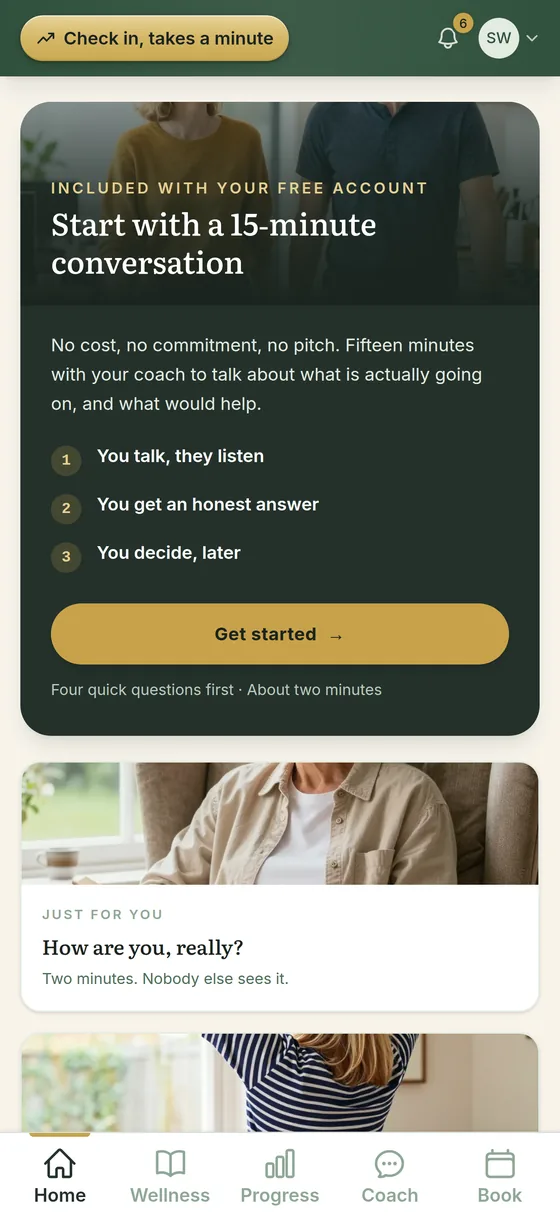 The Vitalife app home screen offering a free fifteen-minute conversation