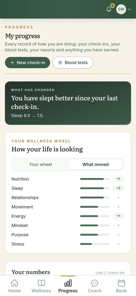A list showing which parts of the wheel moved since the last check-in