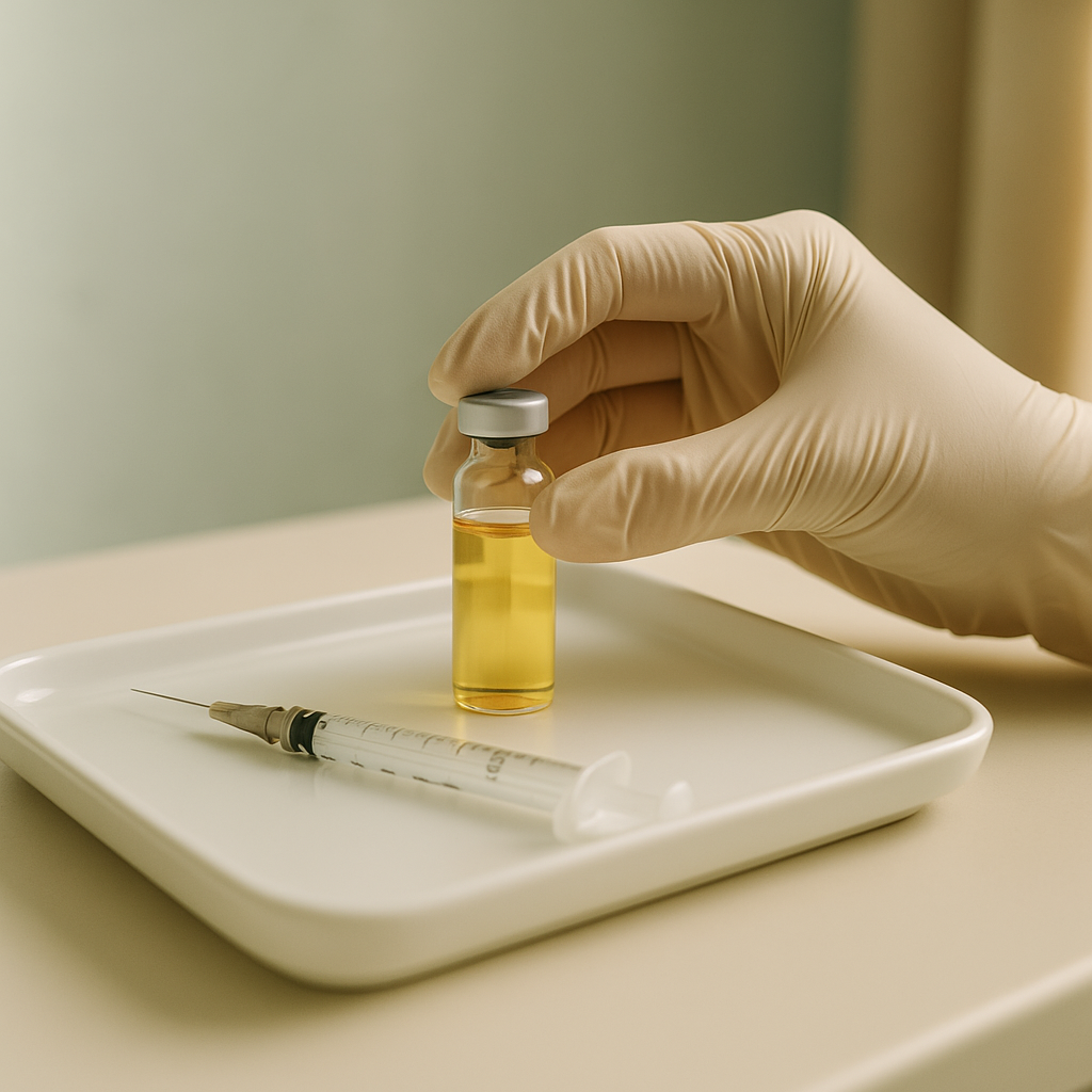 A Vitamin B12 injection vial and syringe prepared on a tray