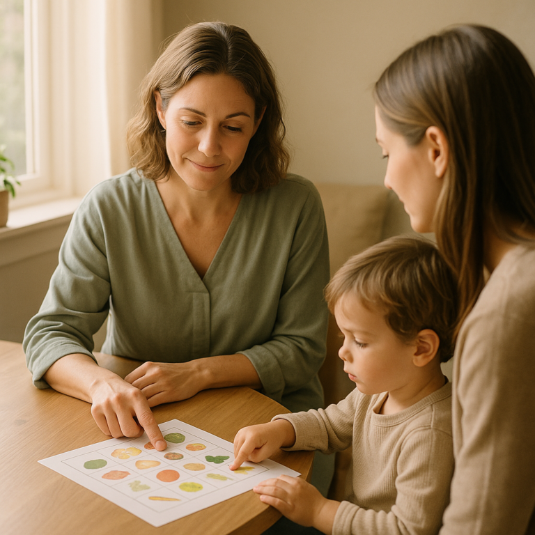 A coach supporting a parent and child through a calm, playful food activity